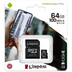 Tarjeta microSDXC Kingston Canvas Go Plus de 64 GB 100MB/s.