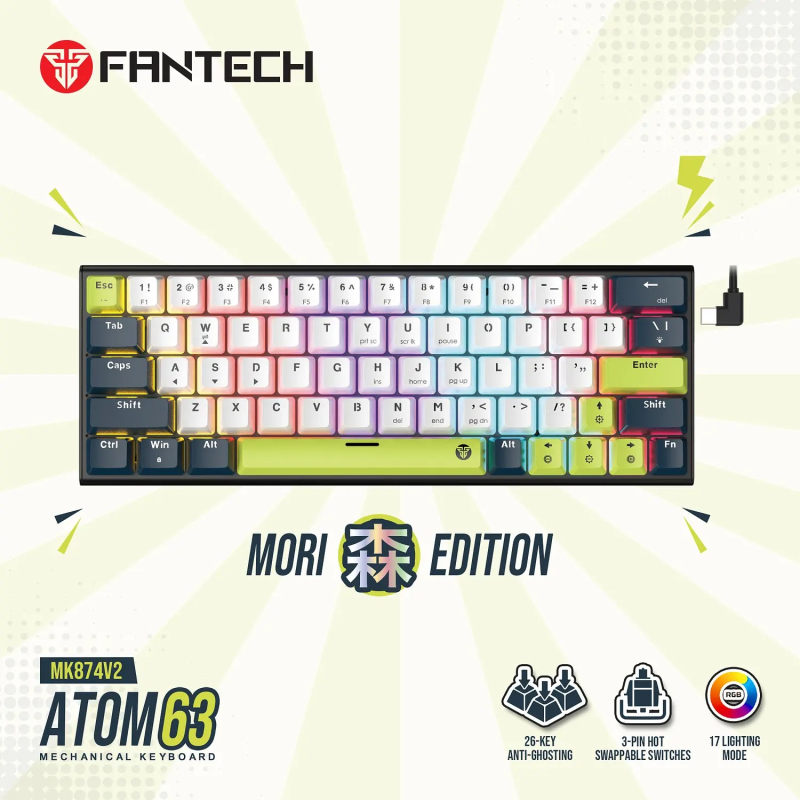 Teclado mecánico factor 60% ATOM63 RGB Mori White MK874V2 SWT ROJO